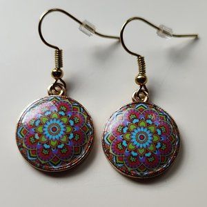 Artisan Mandala pattern & gold earrings, pink, blue & green